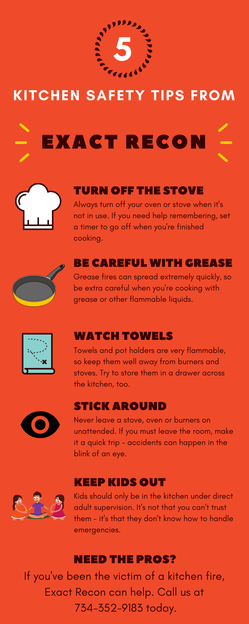 5 kitchen fire safety tips from exact recon - infographic