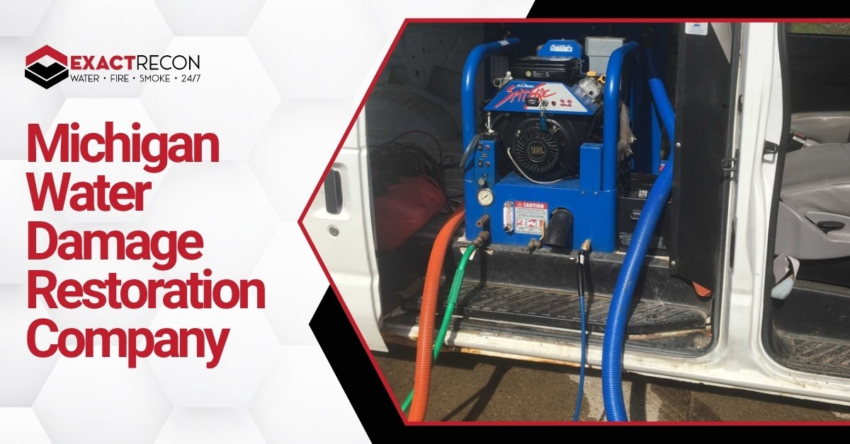 Promotional graphic for Exact Recon, a Michigan-based water damage restoration company, featuring their logo, tagline, and a photo of industrial equipment inside a service van with hoses and a SPITFIRE machine.