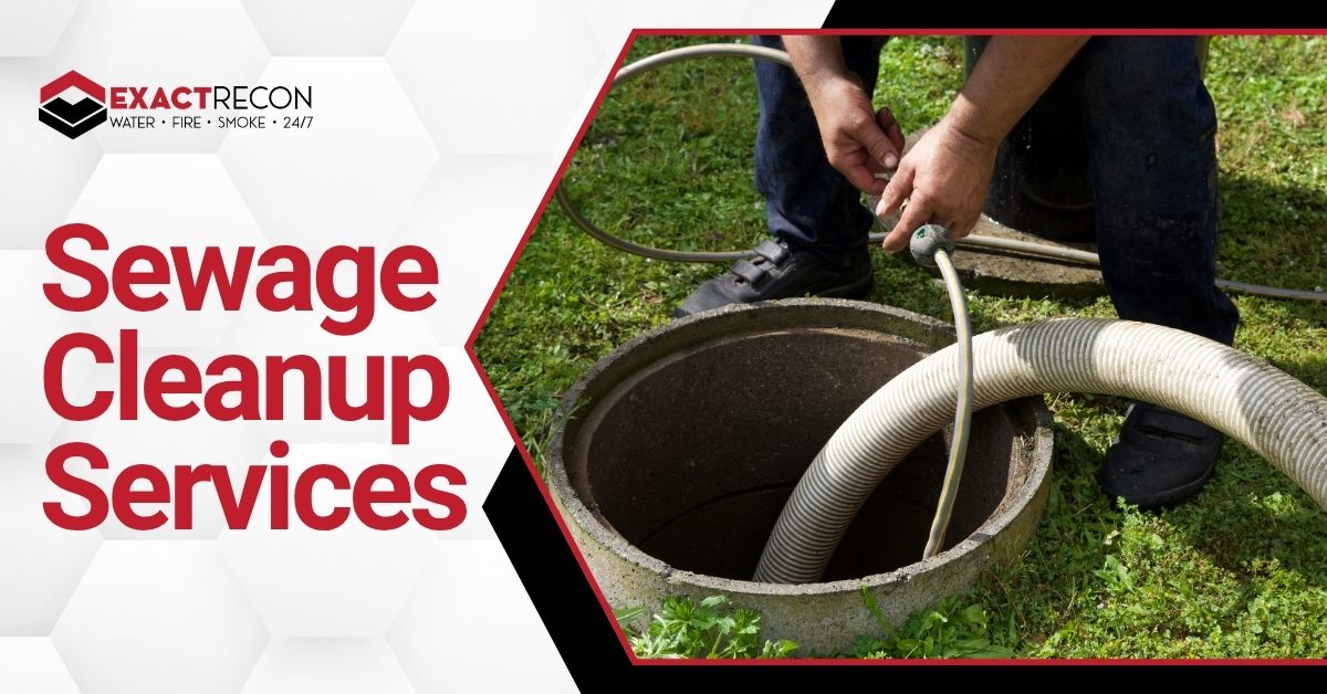 Promotional banner for Exact Recon advertising sewage cleanup services, featuring bold red text and a photo of a technician working with hoses at a sewer or septic access point on a lawn.