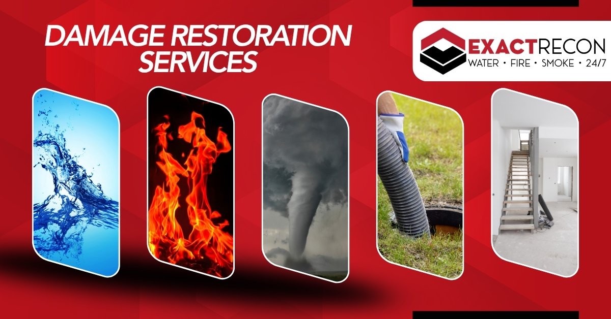 ExactRecon-Damage-Restoration-Services-Banner Promotional banner for Exact Recon damage restoration services featuring panels of water, fire, storm damage, sewage cleanup work, and a restored home interior, with 24/7 water, fire, and smoke service messaging.