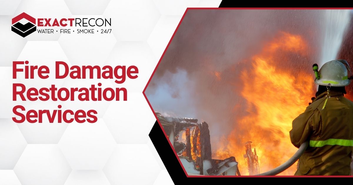 Promotional banner for Exact Recon fire damage restoration services, featuring the company logo and text on the left and a firefighter spraying water on a burning building on the right.