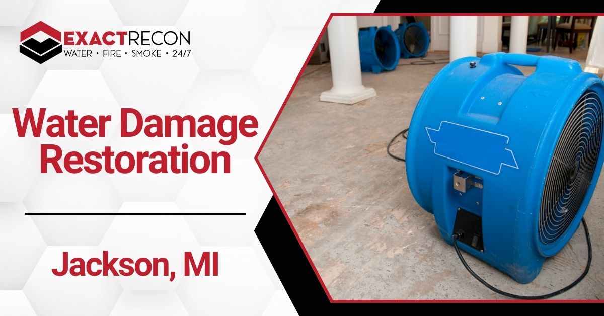 Promotional graphic for Exact Recon water damage restoration services in Jackson, Michigan, featuring industrial drying fans inside a damaged property and bold service text.