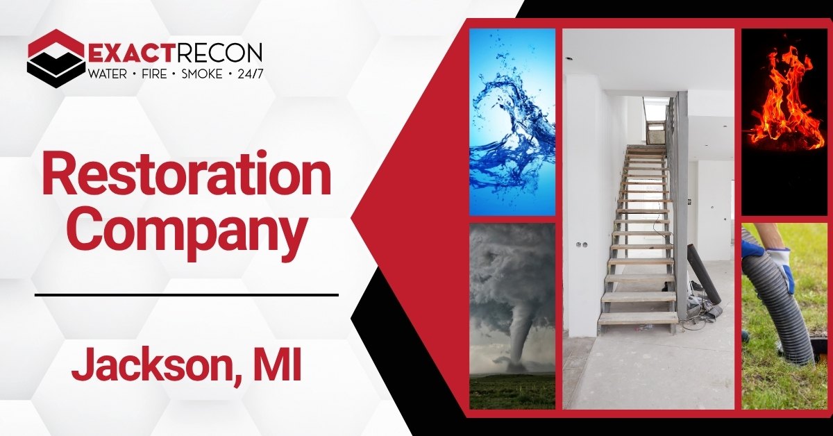 Exact-Recon-Restoration-Company-in-Jackson,-MI Promotional graphic for Exact Recon, a restoration company in Jackson, Michigan, featuring water, fire, storm, sewage, and home restoration imagery with the text “Restoration Company Jackson, MI.”